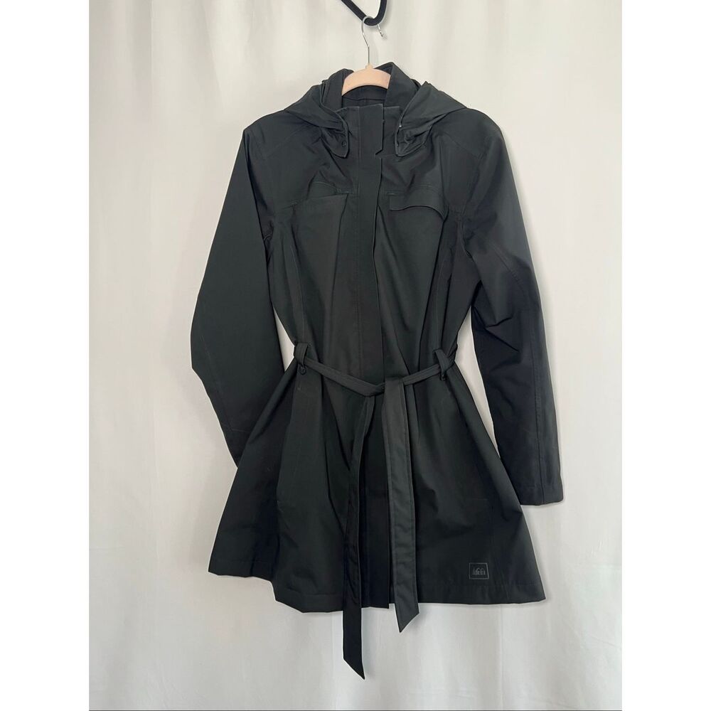 REI Co-Op La Selva Belted Rain Trench Coat Hooded Zip up Black Size L